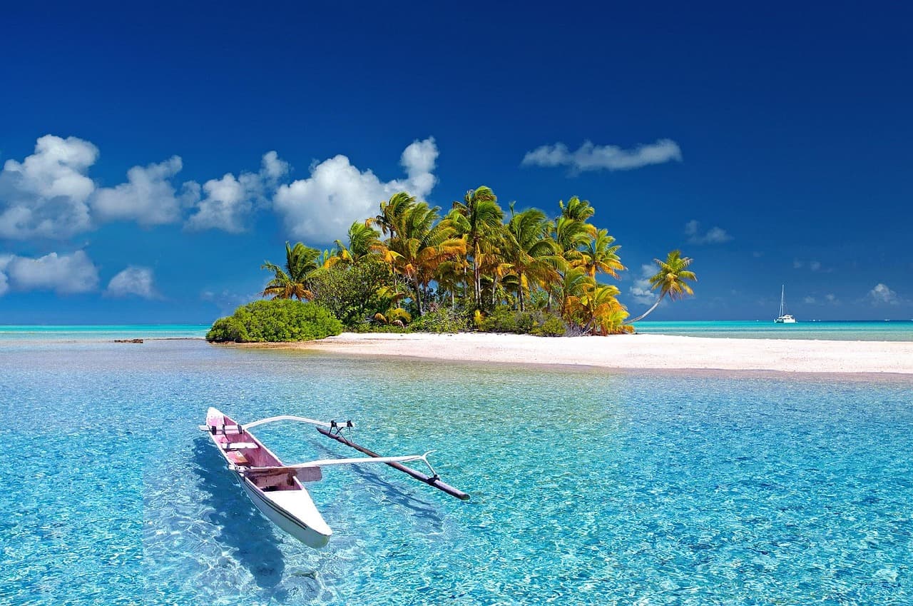 Tropical island with palm trees and turquoise water, hospitality and tourism